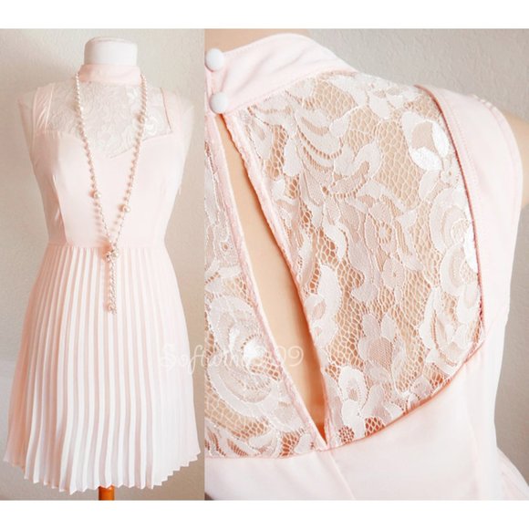 Fury Dresses & Skirts - Pale Pink Lace Inset Mock Neck Knife Pleated Dress